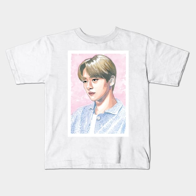 LeeKnow Stray Kids Watercolour Painting Kids T-Shirt by NiamhYoungArt